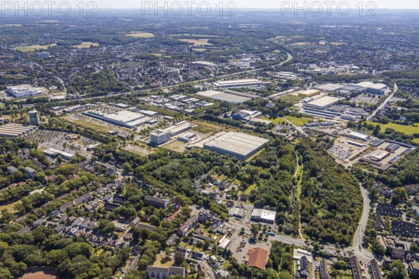 Aerial view, gasometer Herne, industrial area Lindenallee, Herne, Ruhr area, North Rhine-Westphalia, Germany, DE, DECATHLON Herne, Europe, commercial enterprises, commercial area, commercial park, commercial location, commercial use, industrial facilities, industrial area, industrial location, job centre Herne, aerial view, aerial photography, aerial photography, Rhine-Ruhr metropolitan region, Sanacorp Pharmahandel GmbH, overview, bird's eye view, birds-eyes view, overview