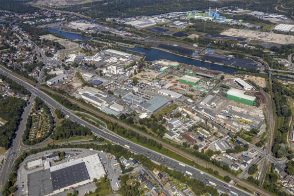 Aerial view, industrial area Heerstraße, Rhine-Herne-Canal, Old Lock Wanne-Eickel, Herne, Ruhr area, North Rhine-Westphalia, Germany, motorway A42, Cranger Kirmes area, DE, Europe, commercial enterprises, commercial area, commercial area, commercial location, commercial use, industrial plants, industrial area, industrial location, canal, aerial view, aerial photography, aerial photography, Rhine-Ruhr metropolitan region, overview, VULKAN Group, bird's-eye view, W. Bötzel GmbH waste disposal company, birds-eyes view, overview