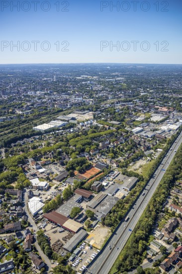 Aerial view, commercial area Kanalstraße, catholic church St. Josef, Roonstraße, view of Herne, Herne, Ruhr area, North Rhine-Westphalia, Germany, motorway A42, DE, Europe, commercial enterprises, commercial area, commercial area, commercial location, commercial use, timber trade Eichhorn, industrial plants, industrial area, industrial location, aerial view, aerial photography, aerial photography, Rhine-Ruhr metropolitan region, overview, bird's-eye view, birds-eyes view, overview