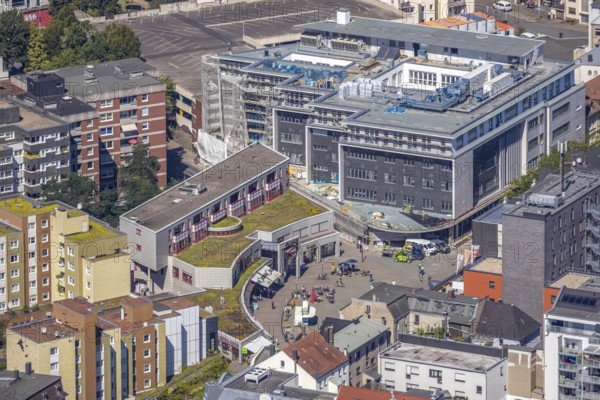 Aerial view, Robert-Brauner-Platz, StadtGalerie, construction site Neue Höfe Bahnhofstraße, Herne, Ruhr area, North Rhine-Westphalia, Germany, construction work, construction, construction area, building site, building plots, construction project, construction site, office space, office building, DE, shopping, shopping centres, shopping plaza, shopping street, shopping centre, Europe, aerial view, aerial photography, aerial photography, metropolitan region Rhine-Ruhr, local supply centre, new construction, revitalisation city centre, supermarket, overview, bird's-eye view, birds-eyes view, former department stores', overview