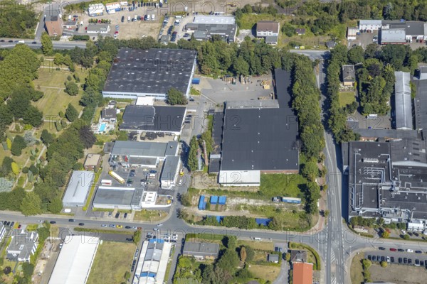 Aerial view, industrial area Am Trimbuschhof, Werkshallenstraße, location for new fire station, Herne, Ruhr area, North Rhine-Westphalia, Germany, fire fighter, fire protection, fire station, DE, Europe, fire station, fire brigade, commercial enterprises, commercial area, commercial location, commercial use, industrial plants, industrial area, industrial location, aerial view, aerial photography, aerial photography, metropolitan region Rhine-Ruhr, rescue station, overview, bird's eye view, birds-eyes view, overview