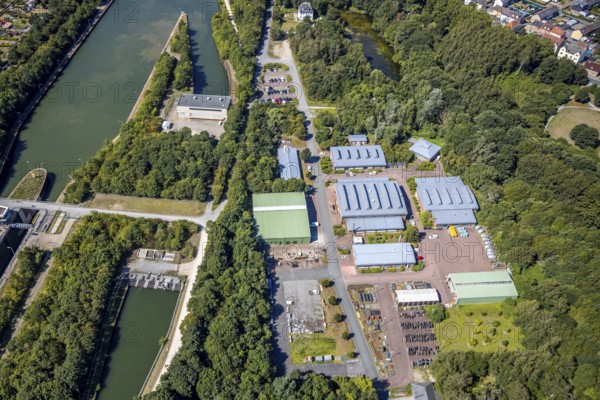 Aerial view, lock Herne-Ost, Waterways and Shipping Office Duisburg-Meiderich Bauhof Herne, Rhine-Herne Canal, Herne, Ruhr area, North Rhine-Westphalia, Germany, DE, Europe, green trees, aerial view, aerial photography, aerial photography, Rhine-Ruhr metropolitan region, Pöppinghauser Straße, overview, bird's-eye view, overview