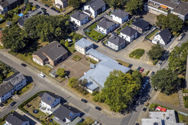 Aerial view, catholic church St. Pius, construction site new building, Herne, Ruhr area, North Rhine-Westphalia, Germany, place of worship, building, building area, building site, building plots, building project, construction site, DE, Europe, religious community, church, parish, denomination, aerial view, aerial photography, aerial photography, Rhine-Ruhr metropolitan region, new building, religion, overview, bird's-eye view, Werftstraße, birds-eyes view, overview
