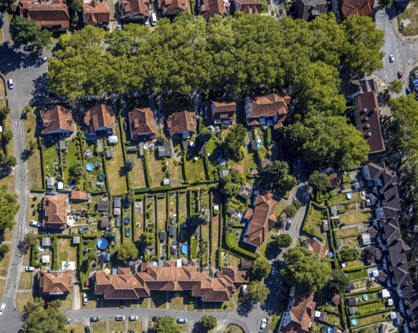 Aerial photograph, Teutoburgia housing estate, garden city, colliery housing estate, Herne, Ruhr area, North Rhine-Westphalia, Germany, workers' housing estate, Baarestraße, DE, monument protection, Europe, property tax, green areas, green trees, gardens, real estate, aerial photograph, aerial photography, aerial photography, apartment buildings, Rhine-Ruhr metropolitan region, sight, overview, bird's-eye view, housing estate, housing and living, residential area, residential buildings, residential quality, residential neighbourhood, housing estate, birds-eyes view, overview, red roofs