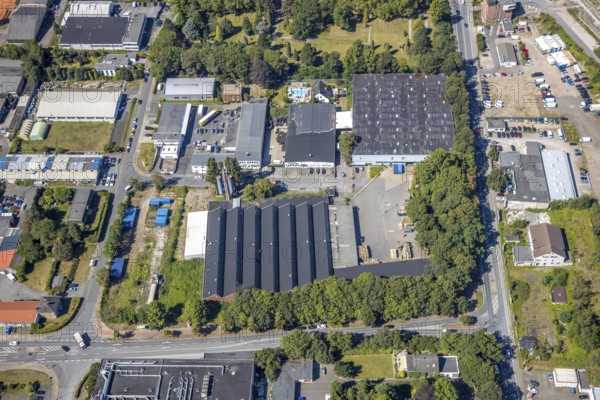 Aerial view, industrial area Am Trimbuschhof, Werkshallenstraße, location for new fire station, Herne, Ruhr area, North Rhine-Westphalia, Germany, fire fighter, fire protection, fire station, DE, Europe, fire station, fire brigade, commercial enterprises, commercial area, commercial location, commercial use, industrial plants, industrial area, industrial location, aerial view, aerial photography, aerial photography, metropolitan region Rhine-Ruhr, rescue station, overview, bird's eye view, birds-eyes view, overview