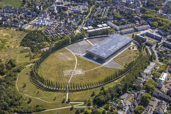 Aerial view, tree avenue Mont-Cenis colliery, Mont-Cenis Academy, Herne, Ruhr area, North Rhine-Westphalia, Germany, tree circle, DE, energy park, Europe, distant view, shapes and colours, training institute, aerial view, aerial photography, aerial photography, Rhine-Ruhr metropolitan region, Mont-Cenis-Platz, terraced houses, overview, bird's-eye view, former Mont-Cenis colliery, former coal mine, overview
