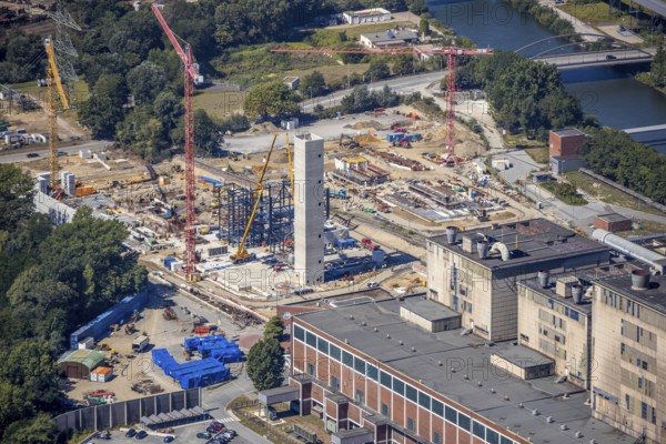 Aerial view, STEAG cogeneration plant Herne, construction site for a gas and steam power plant, Herne, Ruhr area, North Rhine-Westphalia, Germany, construction work, construction, construction area, construction site, construction measure, construction project, construction site, DE, steam power plant, energy, Europe, gas power plant, power plant, aerial view, aerial photography, aerial photography, Rhine-Ruhr metropolitan region, new construction, Rhine-Herne Canal, overview, bird's eye view, birds-eyes view, overview