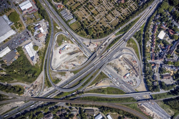 Aerial view, motorway junction Herne, new construction tunnel Baukau from the A43 to the A42, Herne, Ruhr area, North Rhine-Westphalia, Germany, motorway A42, motorway A43, DE, Europe, distant view, aerial view, aerial photography, aerial photography, Rhine-Ruhr metropolitan region, road traffic, overview, traffic volume, bird's-eye view, overview