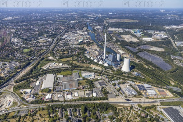Aerial view, STEAG cogeneration plant Herne, Rhine-Herne-Canal, river Emscher, industrial area Baukauer Straße, Herne, Ruhr area, North Rhine-Westphalia, Germany, DE, Europe, power plant, aerial view, aerial photography, aerial photography, metropolitan region Rhine-Ruhr, coal-fired power plant, overview, bird's-eye view, overview