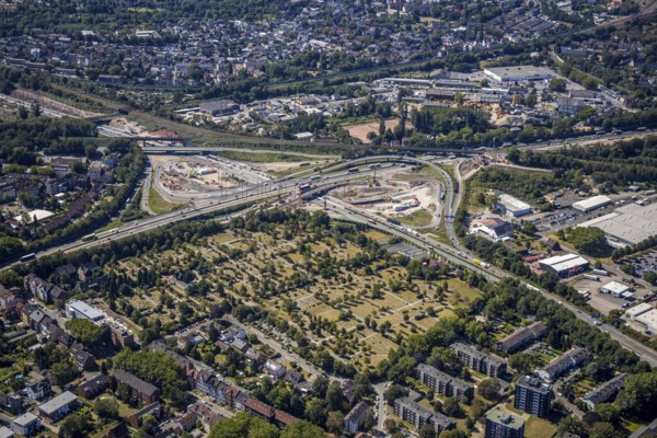Aerial view, motorway junction Herne, new construction tunnel Baukau from the A43 to the A42, Herne, Ruhr area, North Rhine-Westphalia, Germany, motorway A42, motorway A43, DE, Europe, distant view, aerial view, aerial photography, aerial photography, Rhine-Ruhr metropolitan region, road traffic, overview, traffic volume, bird's-eye view, overview