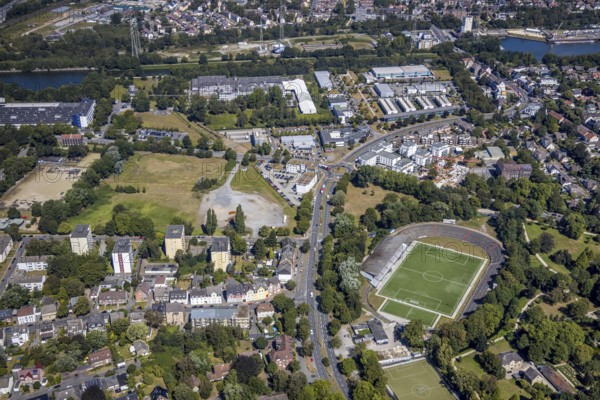 Aerial view, construction site Seniorcampus Herne - Protea wohnen am Schloss, real Arena, Sportclub Westfalia 04 e.V. Herne, Herne, Ruhr area, North Rhine-Westphalia, Germany, retirement home, nursing home, care and nursing, DE, Europe, Forellstraße, football stadium, football club, aerial view, aerial photography, aerial photography, Rhine-Ruhr metropolitan region, care facility, retirement home, retirement residence, retirement home, retirement centre, sports, sports facilities, sports field, sports facility, stadium, overview, bird's-eye view, overview