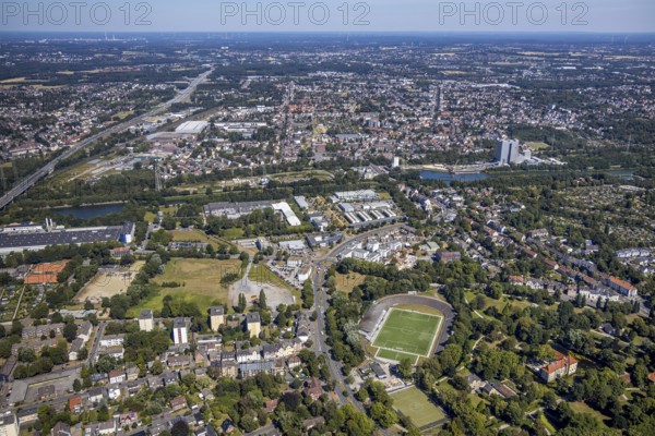 Aerial view, construction site Seniorcampus Herne - Protea wohnen am Schloss, real Arena, Sportclub Westfalia 04 e.V. Herne, Herne, Ruhr area, North Rhine-Westphalia, Germany, retirement home, nursing home, care and nursing, DE, Europe, Forellstraße, football stadium, football club, aerial view, aerial photography, aerial photography, Rhine-Ruhr metropolitan region, care facility, retirement home, retirement residence, retirement home, retirement centre, sports, sports facilities, sports field, sports facility, stadium, overview, bird's-eye view, overview
