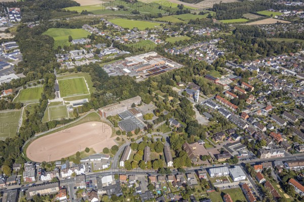 Aerial photo, Galilei-Gymnasium, Adolf-Brühl-Stadion, Kirche Maria Königin, Hamm, Ruhr area, North Rhine-Westphalia, Germany, education, educational institution, DE, Dr.-Voßhage-Straße, Europe, football pitch, football stadium, football club, grammar school, educational institute, aerial photo, aerial photography, aerial photography, school, sports, sports facilities, sports field, sports facility, stadium, overview, bird's-eye view, overview