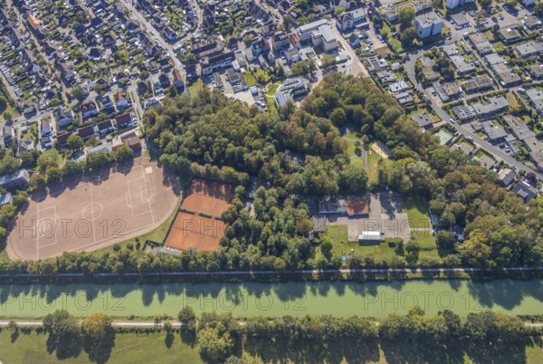Aerial view, forest canal dump and old landfill, Haus Maximilian nursing home, Datteln-Hamm canal, sports field, tennis court, Am Wellenbad, Werries, Hamm, Ruhr area, North Rhine-Westphalia, Germany, retirement home, old people's home, care and nursing, DE, Europe, football pitch, football stadium, football club, aerial view, aerial photography, aerial photography, care facility, retirement home, retirement residence, retirement home, retirement centre, sports, sports facilities, sports facility, stadium, tennis, tennis facility, tennis courts, tennis club, overview, bird's eye view, forest, forest area, birds-eyes view, overview