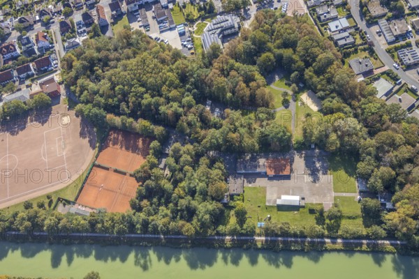 Aerial view, forest canal dump and old landfill, Haus Maximilian nursing home, Datteln-Hamm canal, sports field, tennis court, Am Wellenbad, Werries, Hamm, Ruhr area, North Rhine-Westphalia, Germany, retirement home, old people's home, care and nursing, DE, Europe, football pitch, football stadium, football club, aerial view, aerial photography, aerial photography, care facility, retirement home, retirement residence, retirement home, retirement centre, sports, sports facilities, sports facility, stadium, tennis, tennis facility, tennis courts, tennis club, overview, bird's eye view, forest, forest area, birds-eyes view, overview
