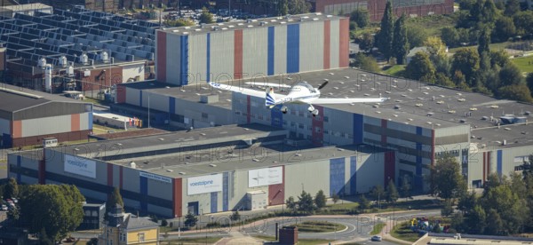 Aerial photo, voestalpine Böhler Welding Deutschland GmbH, aeroplane in the air, Hamm, Ruhr area, North Rhine-Westphalia, Germany, DE, Europe, aircraft, commercial enterprises, commercial area, commercial location, commercial use, harbour road, industrial area, industrial location, aerial photograph, aerial photography, aerial photography, overview, bird's-eye view, overview