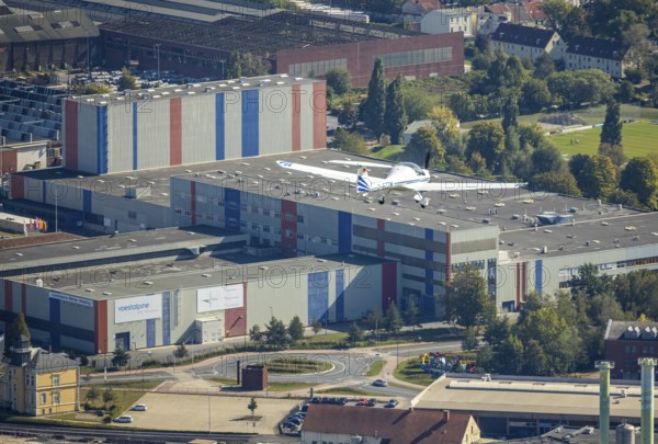 Aerial photo, voestalpine Böhler Welding Deutschland GmbH, aeroplane in the air, Hamm, Ruhr area, North Rhine-Westphalia, Germany, DE, Europe, aircraft, commercial enterprises, commercial area, commercial location, commercial use, harbour road, industrial area, industrial location, aerial photograph, aerial photography, aerial photography, overview, bird's-eye view, overview