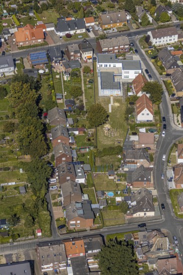 Aerial view, new construction day care centre Wellenbuschstraße, Bockum-Hövel, Hamm, Ruhr area, North Rhine-Westphalia, Germany, DE, Europe, property tax, real estate, kindergarten, day nursery, day care centre, day care centre, aerial photograph, aerial photography, aerial photography, overview, bird's eye view, residential complex, living and living, residential area, residential buildings, residential quality, residential quarter, housing estate, birds-eyes view, overview