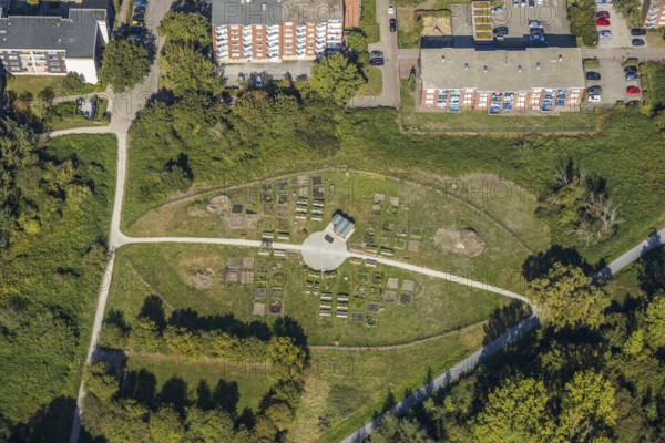 Aerial view, Urbaner Garten Kornmersch, Hamm, Ruhr area, North Rhine-Westphalia, Germany, flower field, DE, Europe, community garden, aerial view, aerial photography, aerial photography, overview, urban gardening, bird's-eye view, bird's-eye view, overview, sowing, cultivating and harvesting in your own bed