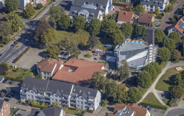 Aerial view, construction site church St. Bonifatius, Catholic parish St. Bonifatius, Werries, Hamm, Ruhr area, North Rhine-Westphalia, Germany, Alter Uentroper Weg, place of worship, building, building area, building site, building plots, construction project, construction site, DE, Europe, religious community, place of worship, church, parish, denomination, aerial photograph, aerial photography, aerial photography, religion, renovation, refurbishment, overview, bird's-eye view, overview