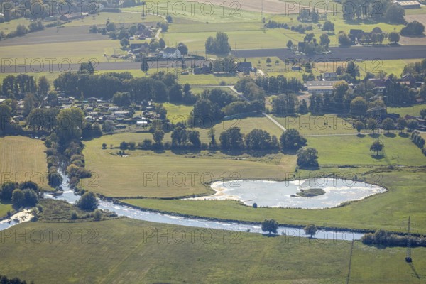 Aerial view, nature reserve Heidemühle, river Lippe, pond with island, Hamm, Ruhr area, North Rhine-Westphalia, Germany, DE, Europe, waters, aerial view, aerial photography, aerial photography, Mersch, NSG, nature reserve, nature conservation area, overview, environmental protection, bird's eye view, birds-eyes view, overview