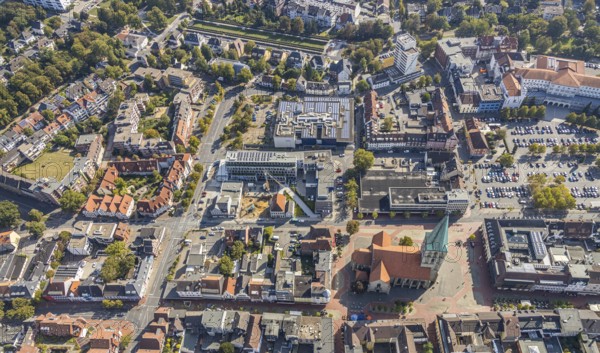 Aerial view, Widumstraße construction site, demolition for new WA office building, Radio Hamm Betriebs- und Verwaltungsgesellschaft mbH, Westfälischer Anzeiger, evang. Pauluskirche, Hamm, Ruhr area, North Rhine-Westphalia, Germany, demolition work, place of worship, construction work, building, construction area, building site, building plots, construction project, construction site, DE, Europe, religious community, place of worship, church, parish, denomination, aerial photograph, aerial photography, aerial photography, new building, religion, Stadtanzeiger Hamm, overview, bird's-eye view, newspaper publisher, birds-eyes view, overview