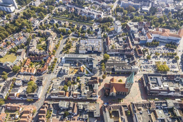 Aerial view, Widumstraße construction site, demolition for new WA office building, Radio Hamm Betriebs- und Verwaltungsgesellschaft mbH, Westfälischer Anzeiger, evang. Pauluskirche, Hamm, Ruhr area, North Rhine-Westphalia, Germany, demolition work, place of worship, construction work, building, construction area, building site, building plots, construction project, construction site, DE, Europe, religious community, place of worship, church, parish, denomination, aerial photograph, aerial photography, aerial photography, new building, religion, Stadtanzeiger Hamm, overview, bird's-eye view, newspaper publisher, birds-eyes view, overview