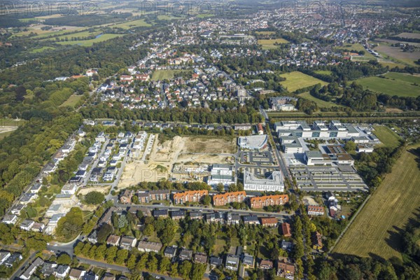 Aerial view, construction area SCI:Q Science Quarter Hamm, Paracelsuspark, Hamm-Lippstadt University of Applied Sciences, Bad Hamm, Hamm, Ruhr area, North Rhine-Westphalia, Germany, construction work, construction, construction area, building site, building plots, construction project, construction site, education, DE, Europe, university, teaching institute, aerial view, aerial photography, aerial photography, Marker Allee, new building, school, Science Quarter Hamm, technology centre, Techpark, overview, bird's-eye view, science quarter, birds-eyes view, overview