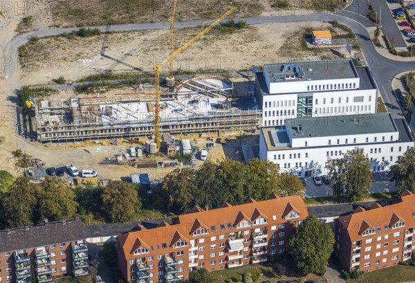 Aerial view, construction area SCI:Q Science Quarter Hamm, Paracelsuspark, Bad Hamm, Hamm, Ruhr area, North Rhine-Westphalia, Germany, construction work, construction, construction area, building site, building plots, construction measure, construction project, construction site, education, educational institution, DE, Europe, aerial view, aerial photography, aerial photography, Marker Allee, new building, Science Quarter Hamm, Techpark, overview, bird's eye view, science quarter, birds-eyes view, overview