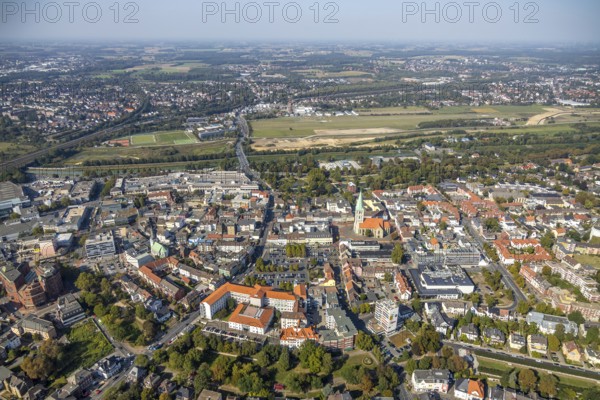 Aerial view, Widumstraße construction site, demolition for new WA office building, Radio Hamm Betriebs- und Verwaltungsgesellschaft mbH, Westfälischer Anzeiger, St Paul's Church, St. Marien-Hospital Hamm, Hamm, Ruhr area, North Rhine-Westphalia, Germany, demolition work, place of worship, construction work, building, construction area, building site, building plots, construction project, construction site, DE, Europe, distant view, Hamm airfield, airfield site, healthcare, religious community, place of worship, hospital, church, church community, clinic, clinic centre, denomination, hospital, aerial view, aerial photography, aerial photography, medical facility, medical aid, new building, emergency service, religion, Hamm city gazette, overview, bird's-eye view, newspaper publisher, birds-eyes view, overview, medical care