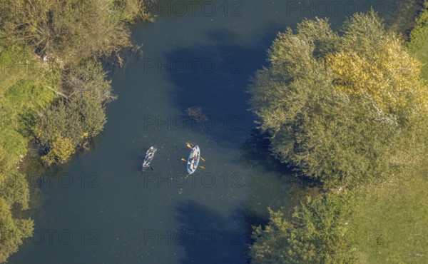 Aerial view, paddling and canoeing, river Lippe, Lippe floodplains, riverbank vegetation, Hamm, Ruhr area, North Rhine-Westphalia, Germany
