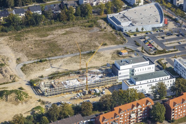 Aerial view, construction area SCI:Q Science Quarter Hamm, Paracelsuspark, Bad Hamm, Hamm, Ruhr area, North Rhine-Westphalia, Germany, construction work, construction, construction area, building site, building plots, construction measure, construction project, construction site, education, educational institution, DE, Europe, aerial view, aerial photography, aerial photography, Marker Allee, new building, Science Quarter Hamm, Techpark, overview, bird's eye view, science quarter, birds-eyes view, overview