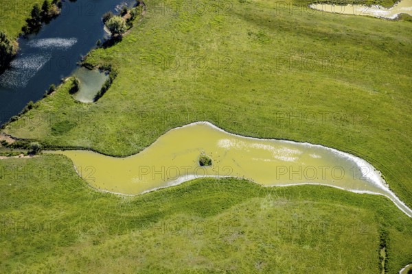 Aerial view, pond with island and water birds in the Lippe floodplains, Hamm, Ruhr area, North Rhine-Westphalia, Germany, DE, Europe, Lippestraße, aerial view, aerial photography, aerial photography, natural landscape, pond, overview, bird's-eye view, overview