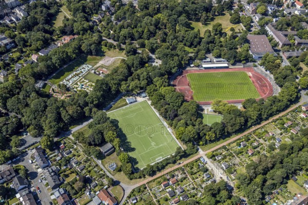Aerial photo, Mondpalast-Arena, sports hall in the sports park, miniature golf course MGC Rot-Weiß Wanne-Eickel, Herne, Ruhr area, North Rhine-Westphalia, Germany, DE, Europe, football pitch, football stadium, football club, aerial photo, aerial photography, aerial photography, Rhine-Ruhr metropolitan region, sport, sports facilities, sports field, sports facility, stadium, overview, bird's eye view, bird's eye view, overview