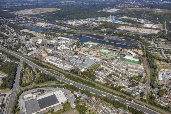 Aerial view, industrial area Heerstraße, Rhine-Herne-Canal, Old Lock Wanne-Eickel, Herne, Ruhr area, North Rhine-Westphalia, Germany, motorway A42, Cranger Kirmes area, DE, Europe, commercial enterprises, commercial area, commercial area, commercial location, commercial use, industrial plants, industrial area, industrial location, canal, aerial view, aerial photography, aerial photography, Rhine-Ruhr metropolitan region, overview, VULKAN Group, bird's-eye view, W. Bötzel GmbH waste disposal company, birds-eyes view, overview