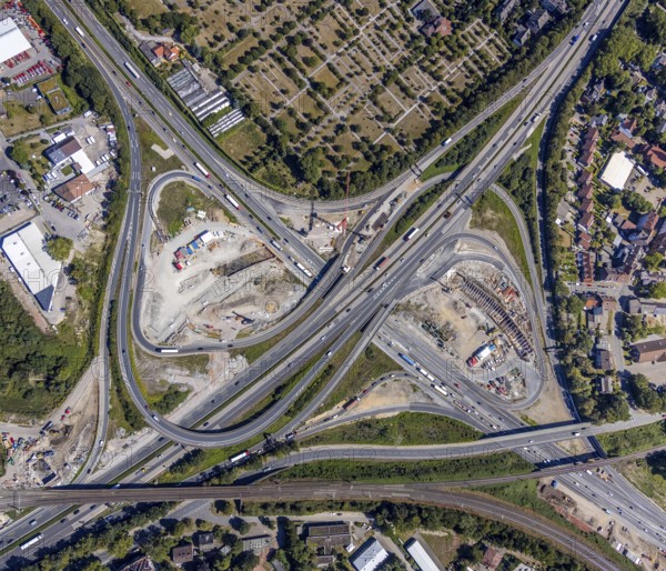 Aerial view, motorway junction Herne, new construction tunnel Baukau from the A43 to the A42, Herne, Ruhr area, North Rhine-Westphalia, Germany, motorway A42, motorway A43, DE, Europe, distant view, aerial view, aerial photography, aerial photography, Rhine-Ruhr metropolitan region, road traffic, overview, traffic volume, bird's-eye view, overview