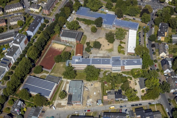Aerial view, construction site renovation, Kolibri-Schule, sports hall Flottmannstraße, Herne, Ruhr area, North Rhine-Westphalia, Germany, construction work, construction, construction area, building site, building plots, construction measure, construction project, construction site, education, educational institution, DE, Europe, primary school, teaching institute, aerial view, aerial photography, aerial photography, Rhine-Ruhr metropolitan region, school, overview, bird's eye view, overview