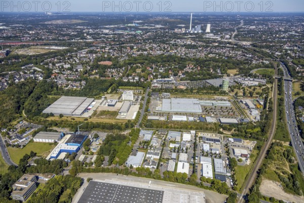 Aerial view, industrial area Lindenallee, gasometer Herne, STEAG cogeneration plant Herne, Herne, Ruhr area, North Rhine-Westphalia, Germany, motorway A43, DE, Europe, commercial enterprises, commercial area, commercial location, commercial use, industrial plants, industrial area, industrial location, aerial photograph, aerial photography, aerial photography, Rhine-Ruhr metropolitan region, overview, bird's-eye view, bird's-eye view, overview