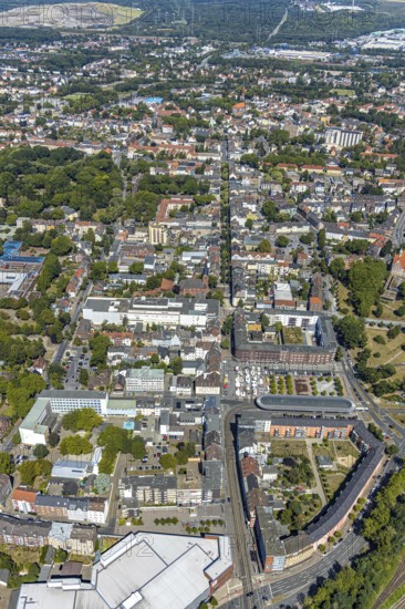 Aerial view, City of Herne - Department Children-Youth-Family, ChristusKirche Wanne, Gymnasium Wanne, Am Buschmannshof, futuristic stop, Herne, Ruhr area, North Rhine-Westphalia, Germany, place of worship, authority, education, educational institution, DE, Europe, religious community, house of worship, grammar school, church, parish, denomination, educational institute, aerial view, aerial photography, aerial photography, Rhine-Ruhr metropolitan region, religion, school, overview, bird's-eye view, overview, roofing