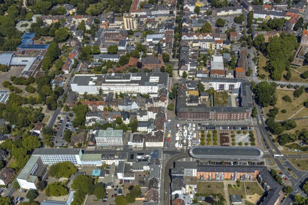 Aerial view, City of Herne - Department Children-Youth-Family, ChristusKirche Wanne, Gymnasium Wanne, Am Buschmannshof, futuristic stop, Herne, Ruhr area, North Rhine-Westphalia, Germany, place of worship, authority, education, educational institution, DE, Europe, religious community, house of worship, grammar school, church, parish, denomination, educational institute, aerial view, aerial photography, aerial photography, Rhine-Ruhr metropolitan region, religion, school, overview, bird's-eye view, overview, roofing