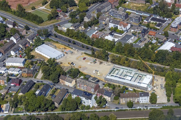 Aerial view, construction site, new building hall Berliner Straße, Herne, Ruhr area, North Rhine-Westphalia, Germany, construction work, construction area, construction site, building plots, construction project, construction site, DE, Europe, commercial enterprises, commercial area, commercial location, commercial use, aerial photograph, aerial photography, aerial photography, Rhine-Ruhr metropolitan region, new building, overview, bird's-eye view, overview