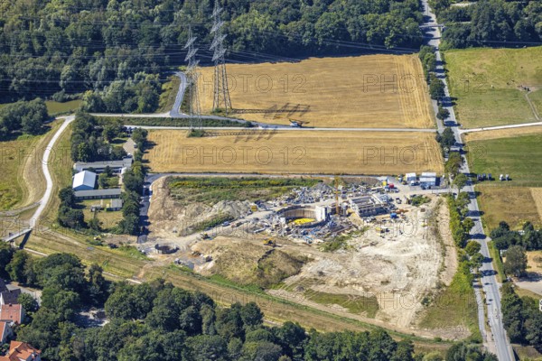 Aerial view, construction site canal construction at Hüller Bach, Hofstraße, animal shelter animal welfare association Herne-Wanne, Herne, Ruhr area, North Rhine-Westphalia, Germany, construction work, construction area, construction site, construction measure, construction project, construction site, DE, Emschergenossenschaft, renewal, development, Europe, canal work, aerial view, aerial photography, aerial photography, Rhine-Ruhr metropolitan region, animal shelter, overview, bird's eye view, meadows and fields, birds-eyes view, overview