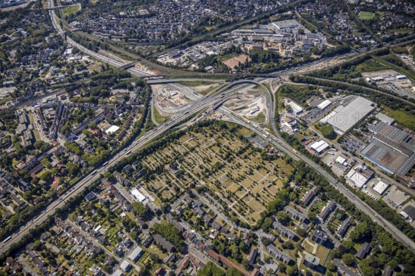 Aerial view, motorway junction Herne, new construction tunnel Baukau from the A43 to the A42, Herne, Ruhr area, North Rhine-Westphalia, Germany, motorway A42, motorway A43, DE, Europe, distant view, aerial view, aerial photography, aerial photography, Rhine-Ruhr metropolitan region, road traffic, overview, traffic volume, bird's-eye view, overview
