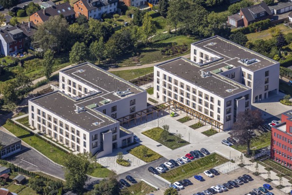 Aerial view, construction site Widumer Höfe, the future retirement home of the St. Elisabeth Group, Widumer Straße, Herne, Ruhr area, North Rhine-Westphalia, Germany, DE, Europe, aerial view, aerial photography, aerial photography, Rhine-Ruhr metropolitan region, overview, bird's-eye view, overview