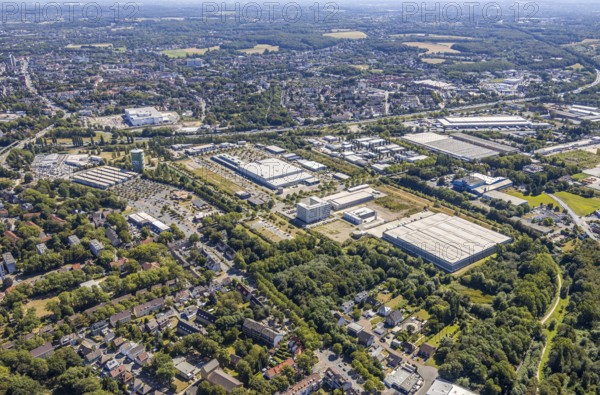 Aerial view, gasometer Herne, industrial area Lindenallee, Herne, Ruhr area, North Rhine-Westphalia, Germany, DE, DECATHLON Herne, Europe, commercial enterprises, commercial area, commercial park, commercial location, commercial use, industrial facilities, industrial area, industrial location, job centre Herne, aerial view, aerial photography, aerial photography, Rhine-Ruhr metropolitan region, Sanacorp Pharmahandel GmbH, overview, bird's eye view, birds-eyes view, overview