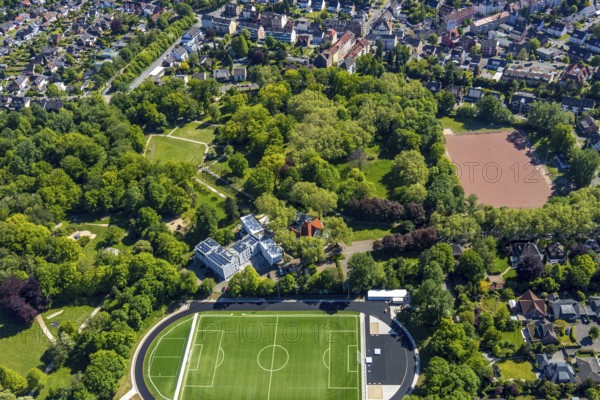 Aerial photo, Parkhotel Herne, sports ground Schäferstraße I, Herne, Ruhr area, North Rhine-Westphalia, Germany, DE, Europe, football pitch, football stadium, gastronomy, hotel, hotel facilities, hotel business, athletics stadium, aerial photo, aerial photography, aerial photography, sports facilities, sports ground, sports facility, overview, bird's-eye view, overview