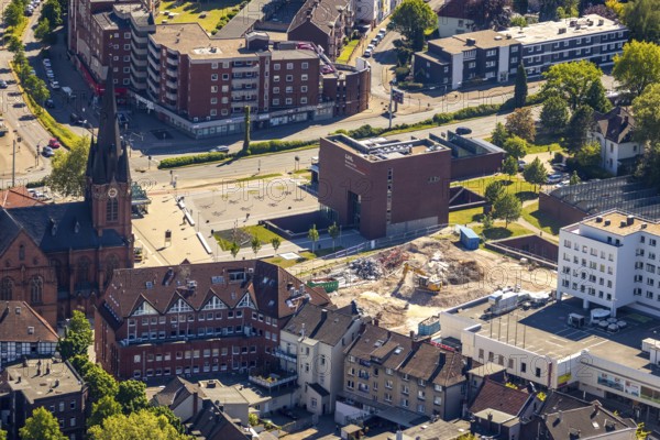 Aerial photograph, new building at Europaplatz, LWL Museum of Archaeology, Kreuzkirche, Herne, Ruhr area, North Rhine-Westphalia, Germany, place of worship, construction work, construction area, construction site, construction project, construction site, DE, Europe, religious community, place of worship, capacity requirement, church, parish, denomination, LWL, Landschaftsverband Westfalen-Lippe, aerial view, aerial photography, aerial photography, museum, religion, overview, bird's-eye view, Westphalian State Museum, birds-eyes view, overview