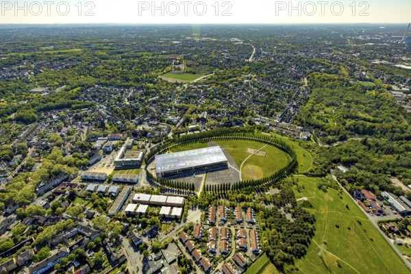 Aerial view, tree avenue Mont-Cenis colliery, Mont-Cenis academy, Herne, Ruhr area, North Rhine-Westphalia, Germany, tree circle, DE, energy park, Europe, distant view, training institute, aerial view, aerial photography, aerial photography, Mont-Cenis square, terraced houses, overview, bird's-eye view, former Mont-Cenis colliery, former coal mine, overview