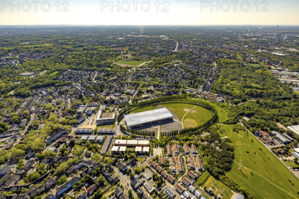 Aerial view, tree avenue Mont-Cenis colliery, Mont-Cenis academy, Herne, Ruhr area, North Rhine-Westphalia, Germany, tree circle, DE, energy park, Europe, distant view, training institute, aerial view, aerial photography, aerial photography, Mont-Cenis square, terraced houses, overview, bird's-eye view, former Mont-Cenis colliery, former coal mine, overview