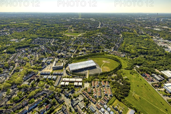 Aerial view, tree avenue Mont-Cenis colliery, Mont-Cenis academy, Herne, Ruhr area, North Rhine-Westphalia, Germany, tree circle, DE, energy park, Europe, distant view, training institute, aerial view, aerial photography, aerial photography, Mont-Cenis square, terraced houses, overview, bird's-eye view, former Mont-Cenis colliery, former coal mine, overview